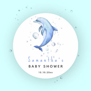 Watercolor ocean dolphin baby shower classic round sticker