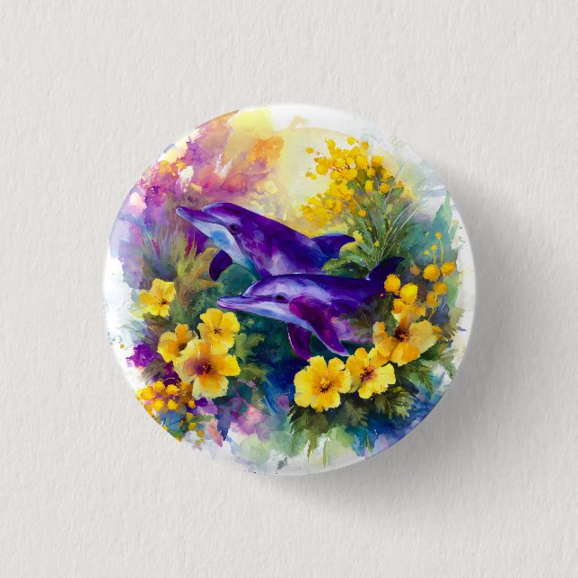 Watercolor Ocean Dolphins Tropical Flowers Button (Front)
