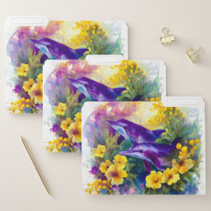 Watercolor Ocean Dolphins Tropical Flowers File Folder
