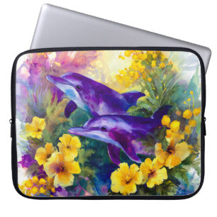 Watercolor Ocean Dolphins Tropical Flowers Laptop Sleeve
