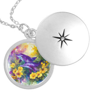 Watercolor Ocean Dolphins Tropical Flowers Locket Necklace
