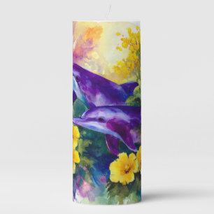 Watercolor Ocean Dolphins Tropical Flowers Pillar Candle