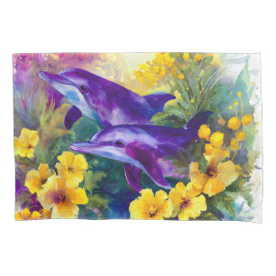 Watercolor Ocean Dolphins Tropical Flowers Pillow Case