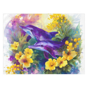 Watercolor Ocean Dolphins Tropical Flowers Tablecloth