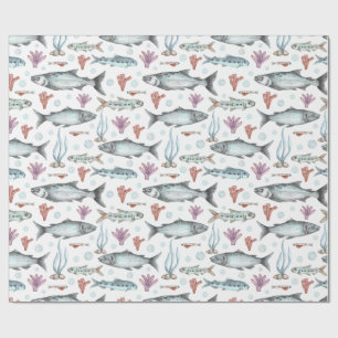 Watercolor Ocean Fish, Coral and Seaweed  Wrapping Paper