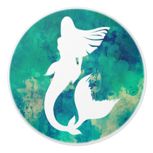Watercolor Ocean Hues Mermaid Silhouette Ceramic Knob