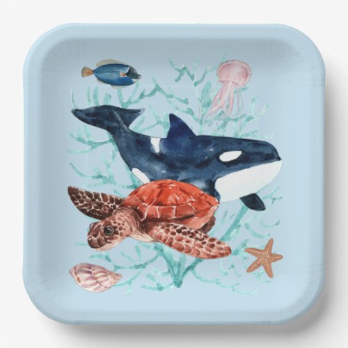 Watercolor Ocean Life and Creatures Aquatic Blue Paper Plates