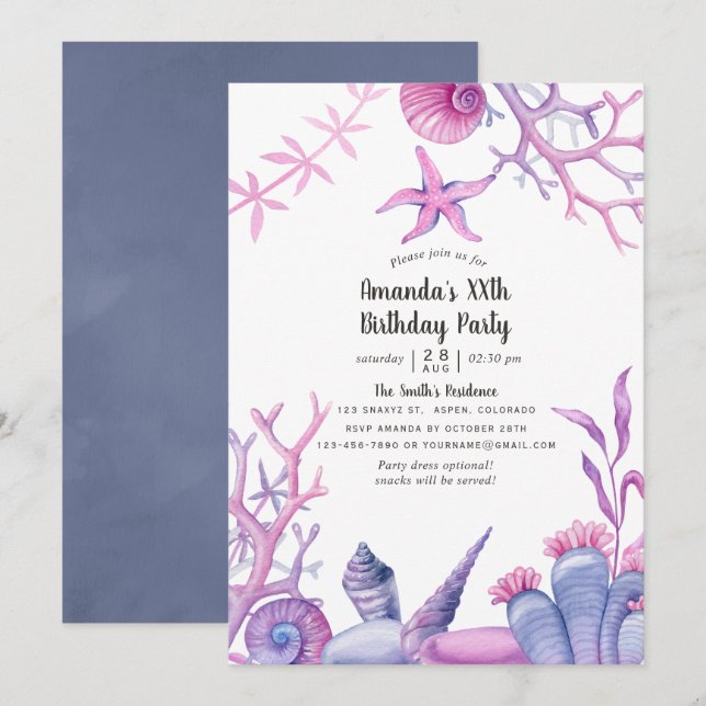 Watercolor Ocean Life Birthday Party Invitation (Front/Back)