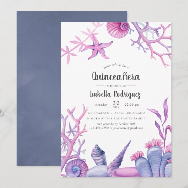 Watercolor Ocean Life Quinceañera Invitation (Front/Back)