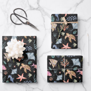 Watercolor Ocean Life Textured Black Wrapping Paper Sheets