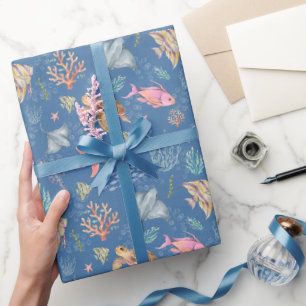 Watercolor Ocean Life Textured Blue Wrapping Paper