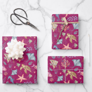 Watercolor Ocean Life Textured Dark Pink Wrapping Paper Sheets