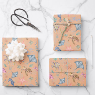 Watercolor Ocean Life Textured Light Orange Wrapping Paper Sheets