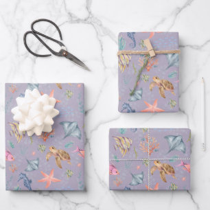 Watercolor Ocean Life Textured Light Purple Wrapping Paper Sheets