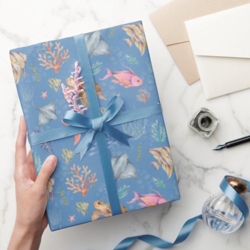 Watercolor Ocean Life Textured Medium Blue Wrapping Paper