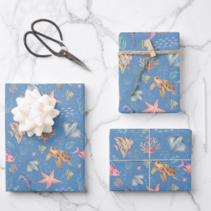 Watercolor Ocean Life Textured Medium Blue Wrapping Paper Sheets
