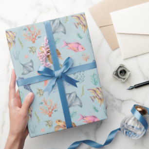 Watercolor Ocean Life Textured Pastel Blue Wrapping Paper