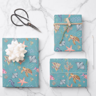 Watercolor Ocean Life Textured Turquoise Wrapping Paper Sheets