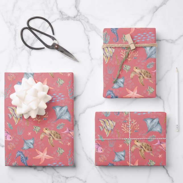 Watercolor Ocean Life Textured Watermelon Wrapping Paper Sheets (Front)