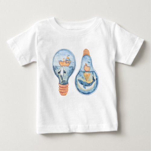 Watercolor Ocean Light bulb Humpback Whale Ship  Baby T_Shirt