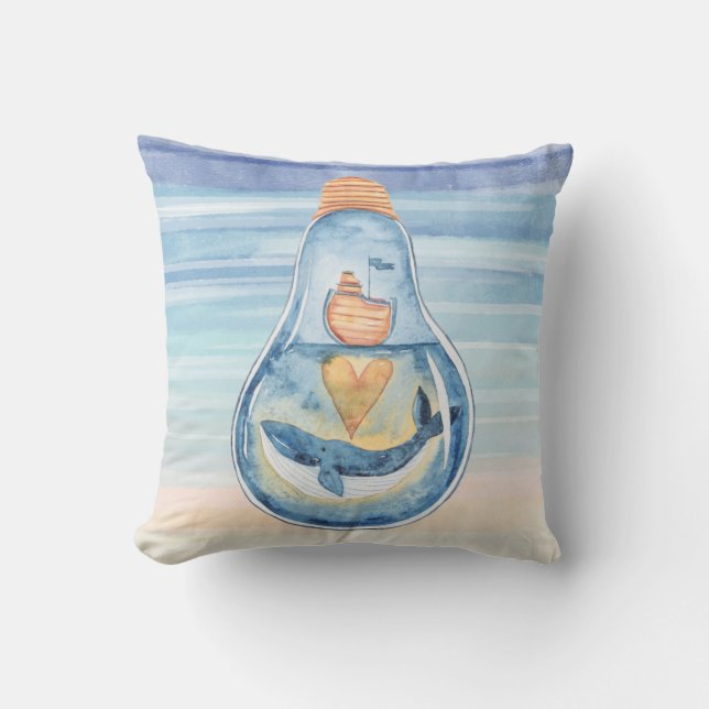 Watercolor Ocean Light bulb Humpback Whale Ship Throw Pillow (Front)