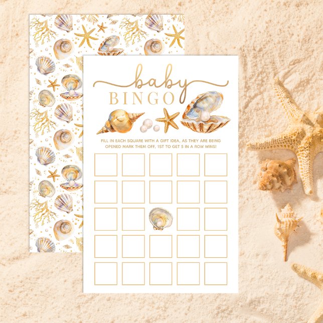 Watercolor Ocean Little Pearl Baby Shower Bingo (Baby Bingo Game Card)