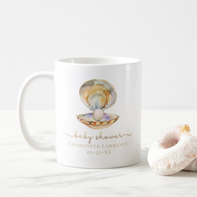 Watercolor Ocean Little Pearl Baby Shower  Coffee Mug (With Donut)