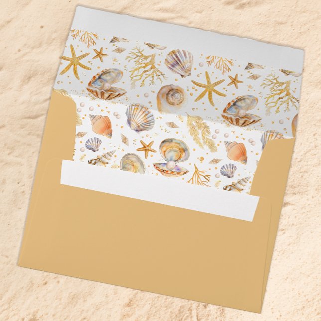 Watercolor Ocean Little Pearl Baby Shower Envelope (Golden Summer Beach Envelope)