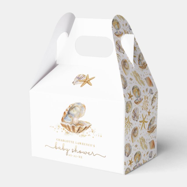 Watercolor Ocean Little Pearl Baby Shower Favor Boxes (Front Side)