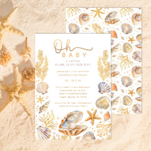 Watercolor Ocean Little Pearl Baby Shower Invitation