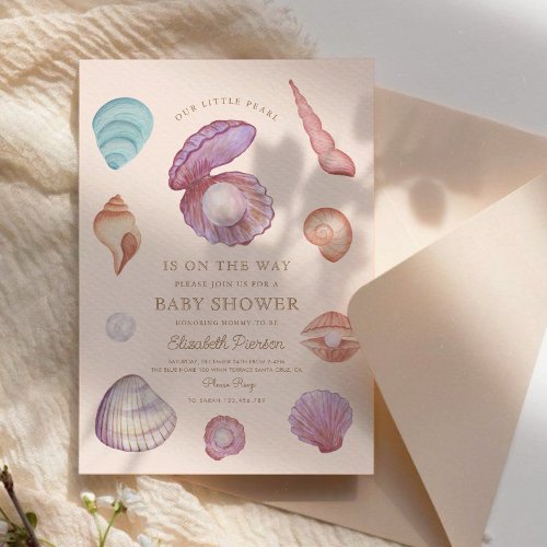 Watercolor Ocean little pearl Seashell Baby Shower Invitation