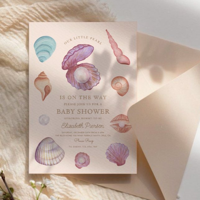 Watercolor Ocean little pearl Seashell Baby Shower Invitation (Creator Uploaded)