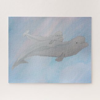Watercolor Ocean Mother Baby Beluga Whales Jigsaw Puzzle