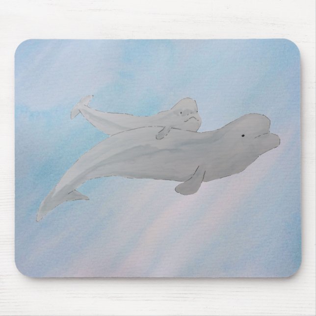 Watercolor Ocean Mother Baby Beluga Whales Mouse Pad (Front)