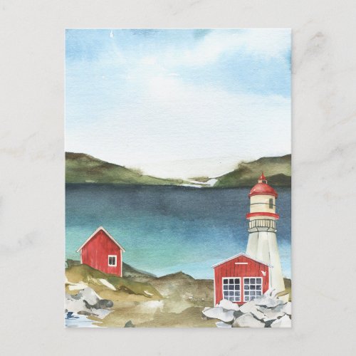 Watercolor ocean mountains lighthouse  postcard