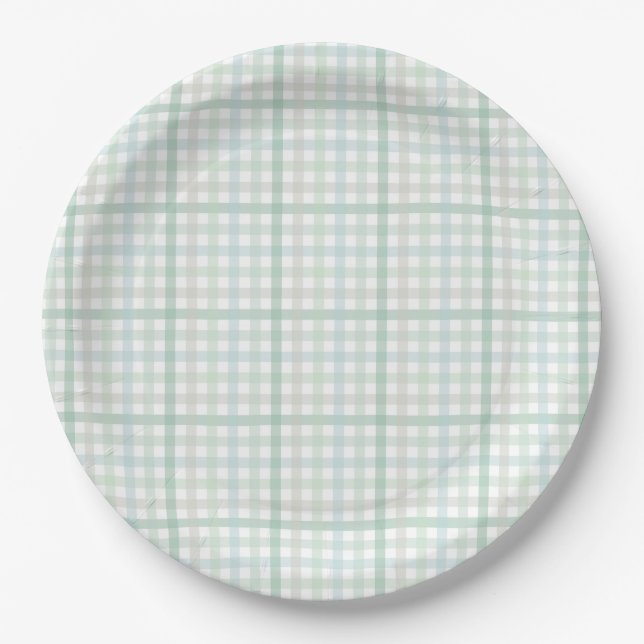 Watercolor Ocean Nautical Starfish Shells Plaid Paper Plates (Front)