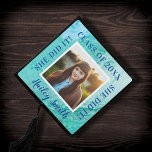 Watercolor Ocean Photo   Typography  Graduation Cap Topper<br><div class="desc">This graduation cap topper design features your graduate's photo, a beautiful watercolor ocean background, modern typography, and calligraphy script. This topper has your graduate's name, class of (year), and the phrase "she did it". All of the these can be customized using the "personalize it" tool. These graduation cap toppers are...</div>