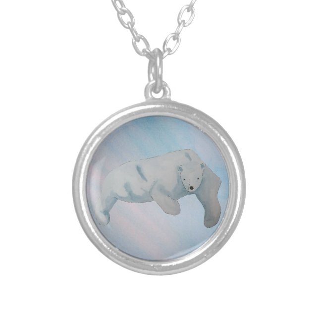 Watercolor Ocean Polar Bear Silver Plated Necklace (Front)