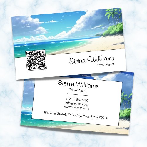 Watercolor Ocean QR Code Tropical Travel White Business Card