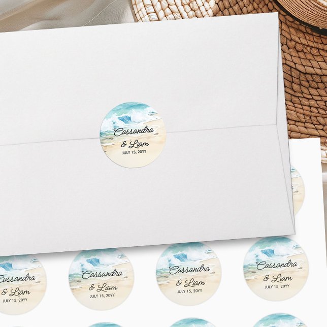 Watercolor Ocean Sand Beach Themed Wedding Classic Round Sticker (Bride and Groom watercolor stickers from the Summer Beach Wedding Collection by Darling & May)