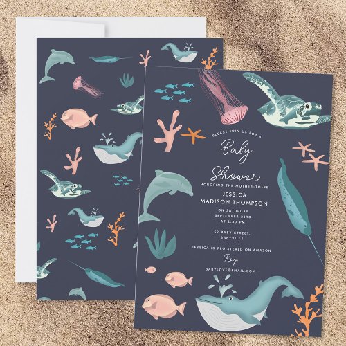 Watercolor Ocean Sea Animals Blue Baby Shower Invitation