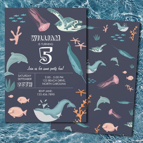 Watercolor Ocean Sea Animals Blue Birthday Invitation