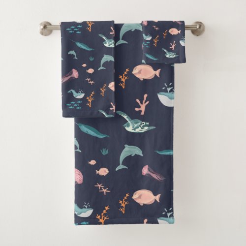 Watercolor Ocean Sea Animals Blue Pattern Bath Towel Set