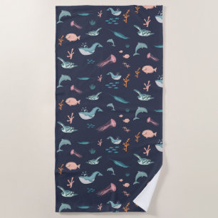 Watercolor Ocean Sea Animals Blue Pattern Beach Towel