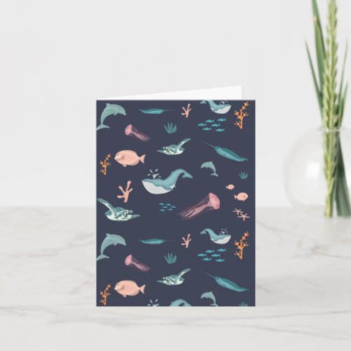 Watercolor Ocean Sea Animals Blue Pattern Card