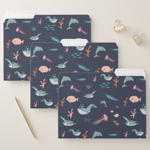 Watercolor Ocean Sea Animals Blue Pattern File Folder