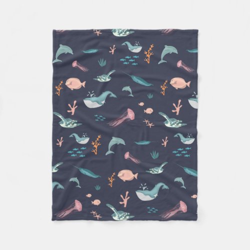 Watercolor Ocean Sea Animals Blue Pattern Fleece Blanket