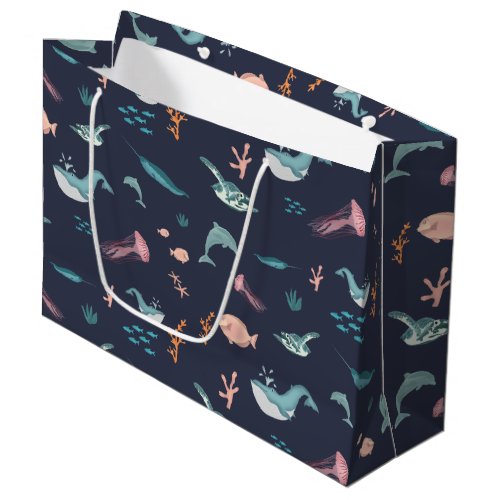 Watercolor Ocean Sea Animals Blue Pattern Large Gift Bag