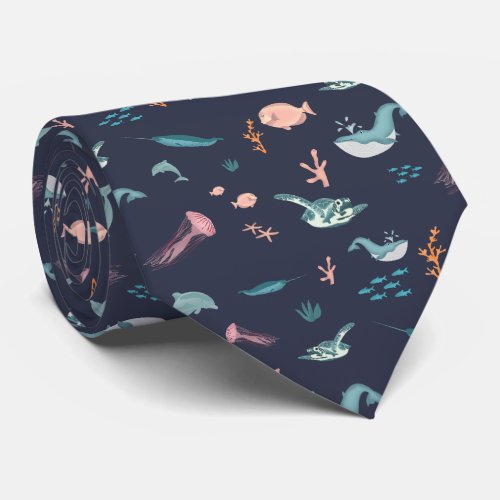 Watercolor Ocean Sea Animals Blue Pattern Neck Tie