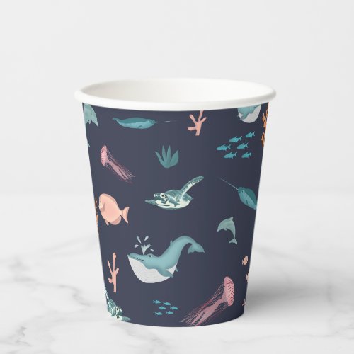 Watercolor Ocean Sea Animals Blue Pattern Paper Cups